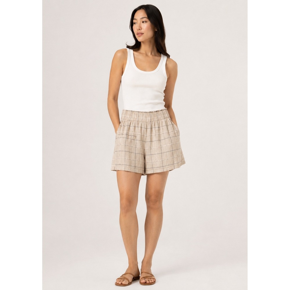 Yarn & Sea Women's Linen Cotton Blend Windowpane Plaid Paperbag Waist Shorts